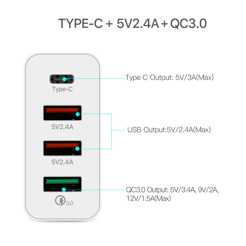 45W USB C Charger 4 Ports Fast Charging 3.0 Power Adapter Block Wall Charger For phone