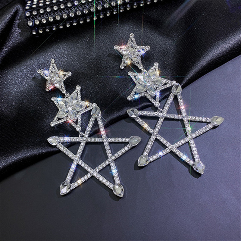 Three Pentagram Crystal Drop Earrings for Women Bijoux Shiny Rhinestone Dangle Earrings Statement Jewelry Gifts