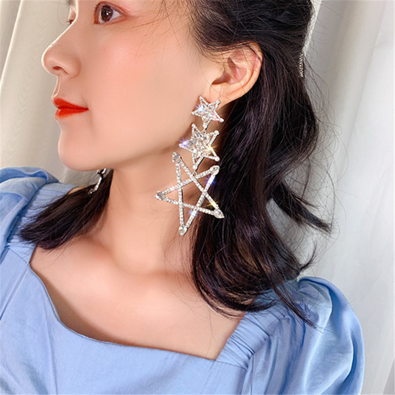 Three Pentagram Crystal Drop Earrings for Women Bijoux Shiny Rhinestone Dangle Earrings Statement Jewelry Gifts