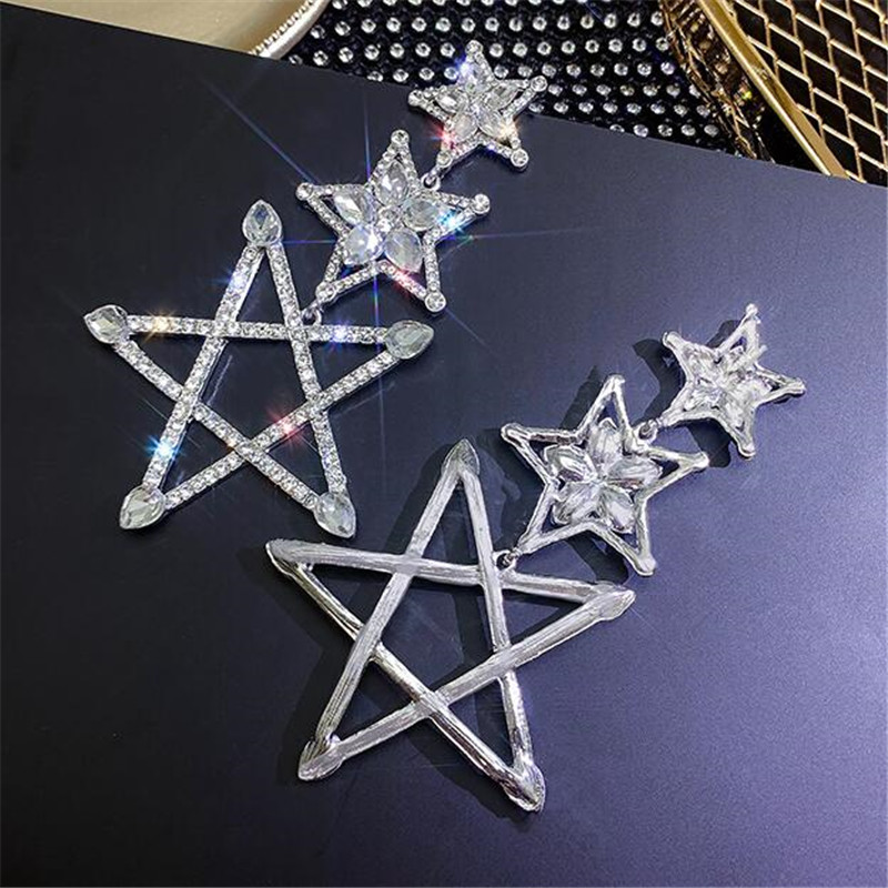 Three Pentagram Crystal Drop Earrings for Women Bijoux Shiny Rhinestone Dangle Earrings Statement Jewelry Gifts