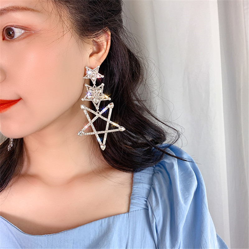 Three Pentagram Crystal Drop Earrings for Women Bijoux Shiny Rhinestone Dangle Earrings Statement Jewelry Gifts