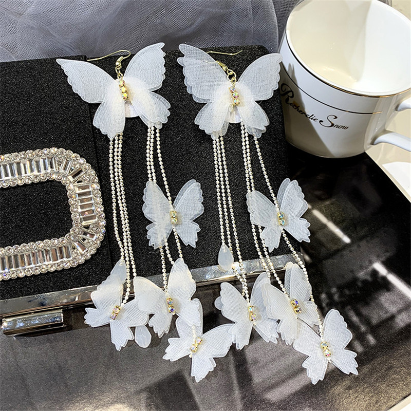 Bohemia Yarn White Butterfly Drop Earrings for Women Long Tassel Crystal Dangle Earrings Jewelry Gifts