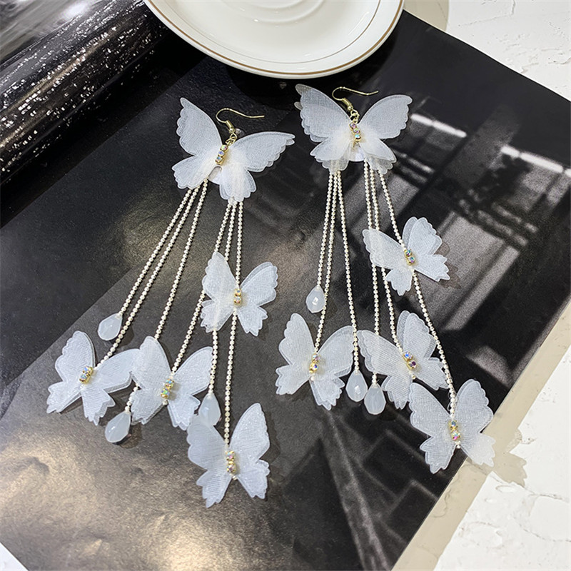Bohemia Yarn White Butterfly Drop Earrings for Women Long Tassel Crystal Dangle Earrings Jewelry Gifts