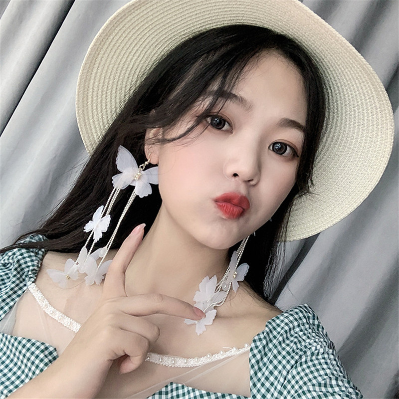 Bohemia Yarn White Butterfly Drop Earrings for Women Long Tassel Crystal Dangle Earrings Jewelry Gifts