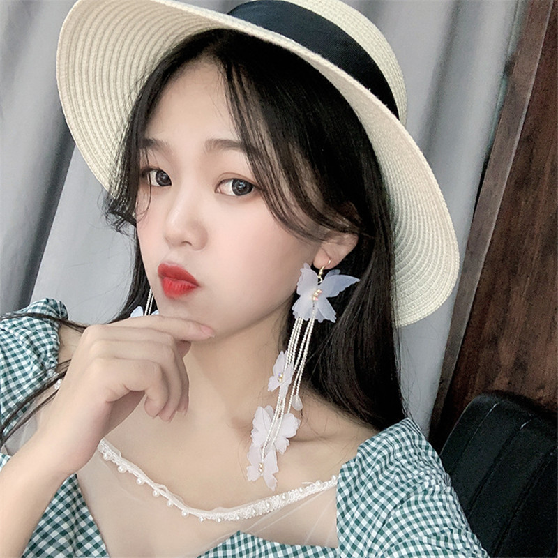 Bohemia Yarn White Butterfly Drop Earrings for Women Long Tassel Crystal Dangle Earrings Jewelry Gifts