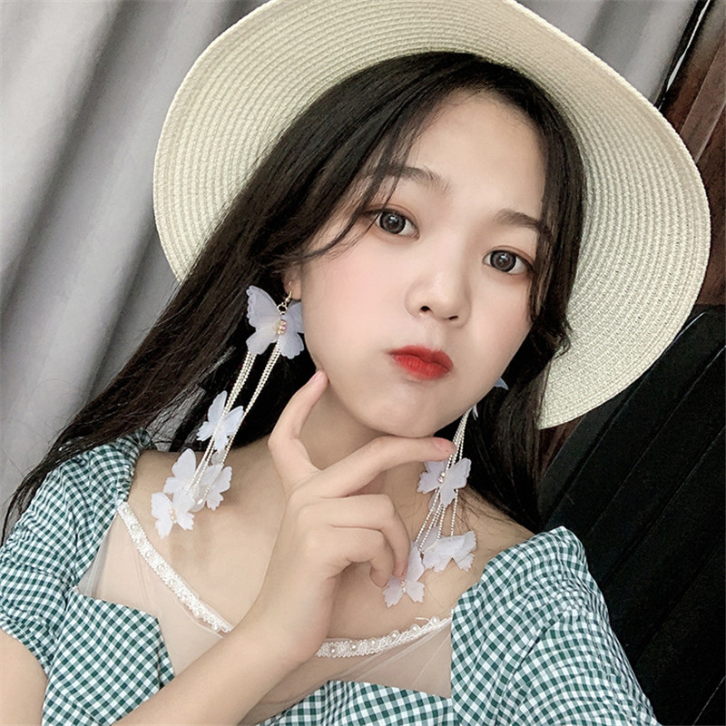 Bohemia Yarn White Butterfly Drop Earrings for Women Long Tassel Crystal Dangle Earrings Jewelry Gifts