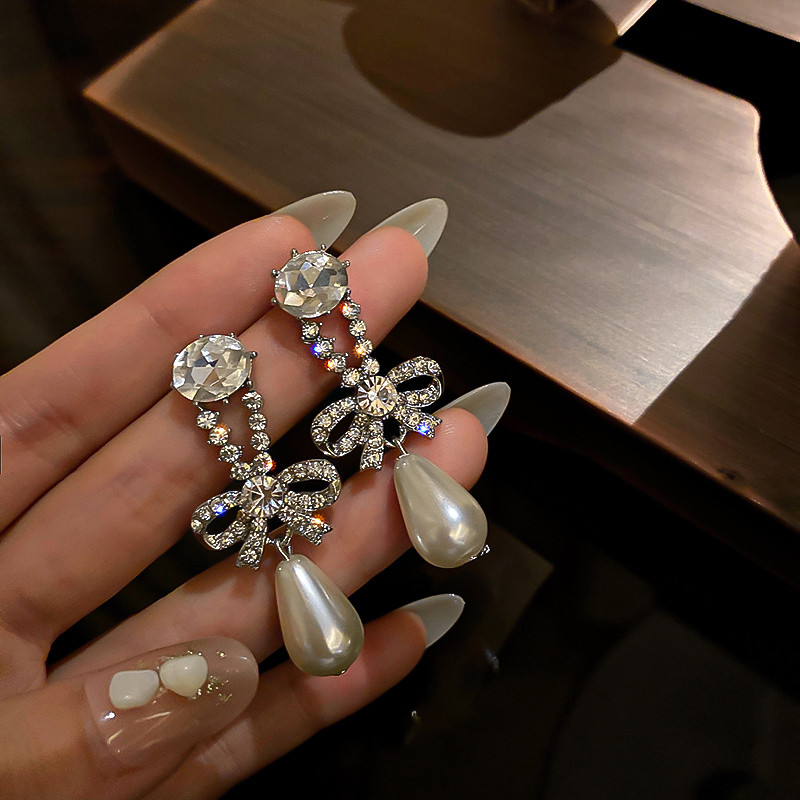 Bowknot Crystal Dangle Earrings for Women Pearl Earrings Weddings Party Jewelry Accessories