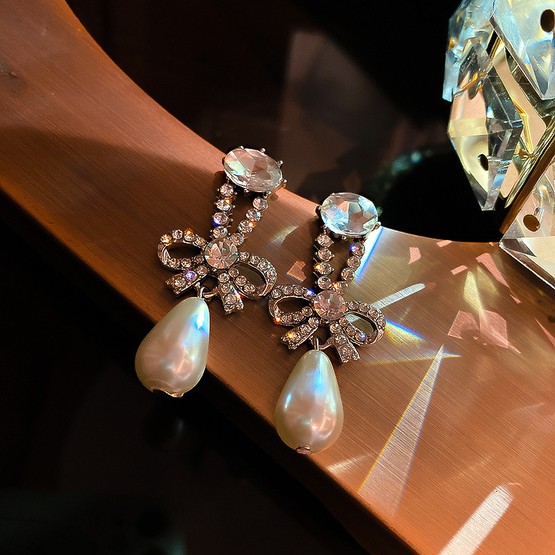 Bowknot Crystal Dangle Earrings for Women Pearl Earrings Weddings Party Jewelry Accessories