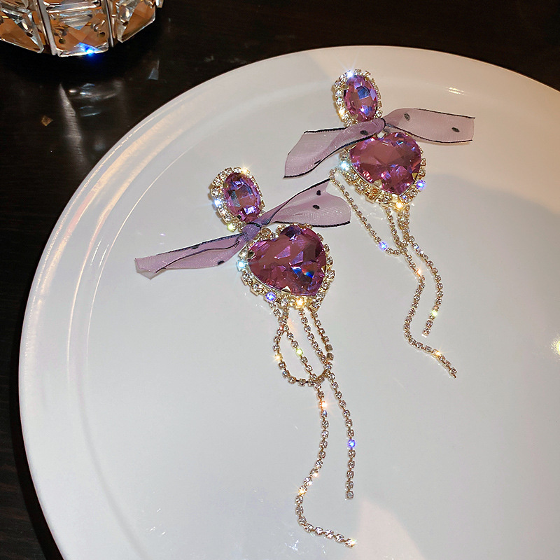 Big Purple Heart Crystal Earrings for Women Bijoux Long Tassel Geometric Rhinestone Dangle Earrings Statement Jewelry