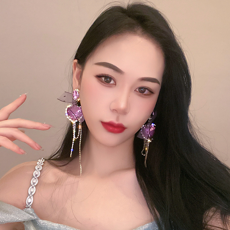 Big Purple Heart Crystal Earrings for Women Bijoux Long Tassel Geometric Rhinestone Dangle Earrings Statement Jewelry