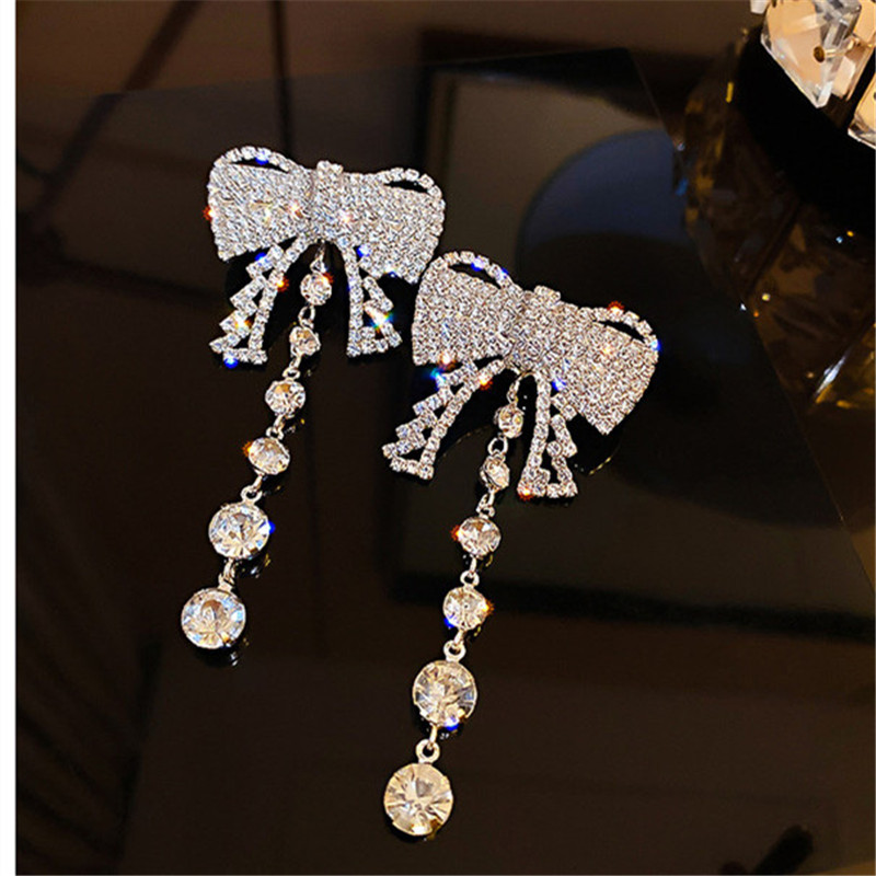 Shine Bowknot Rhinestone Dangle Earrings for Women Long Tassel Crystal Earrings Weddings Party Jewelry