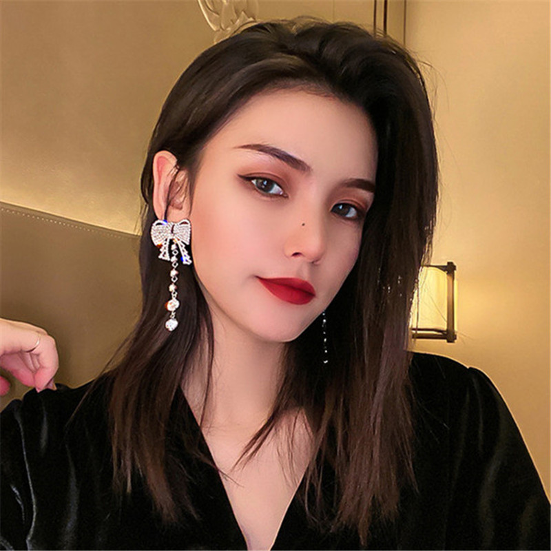 Shine Bowknot Rhinestone Dangle Earrings for Women Long Tassel Crystal Earrings Weddings Party Jewelry