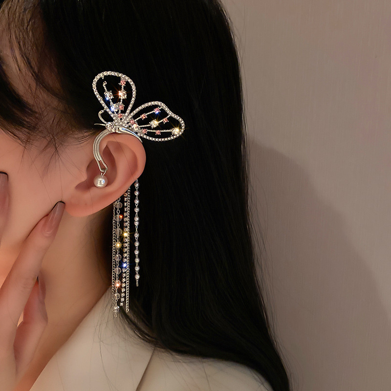 Long Tassel Rhinestone Earrings Butterfly Crystal  Ear Clip Earrings for Women Wedding Party Jewelry