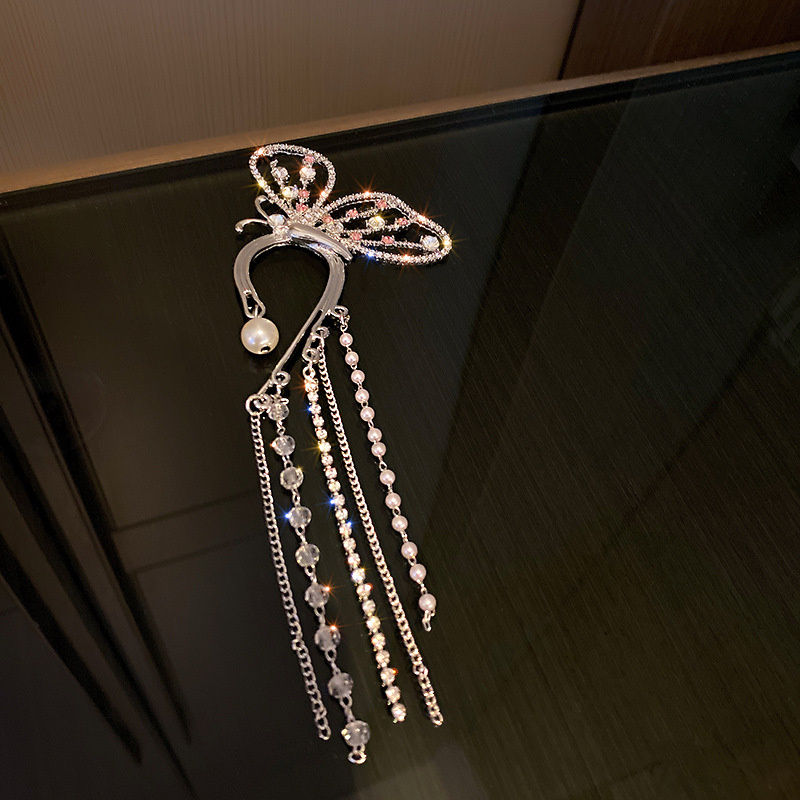 Long Tassel Rhinestone Earrings Butterfly Crystal  Ear Clip Earrings for Women Wedding Party Jewelry