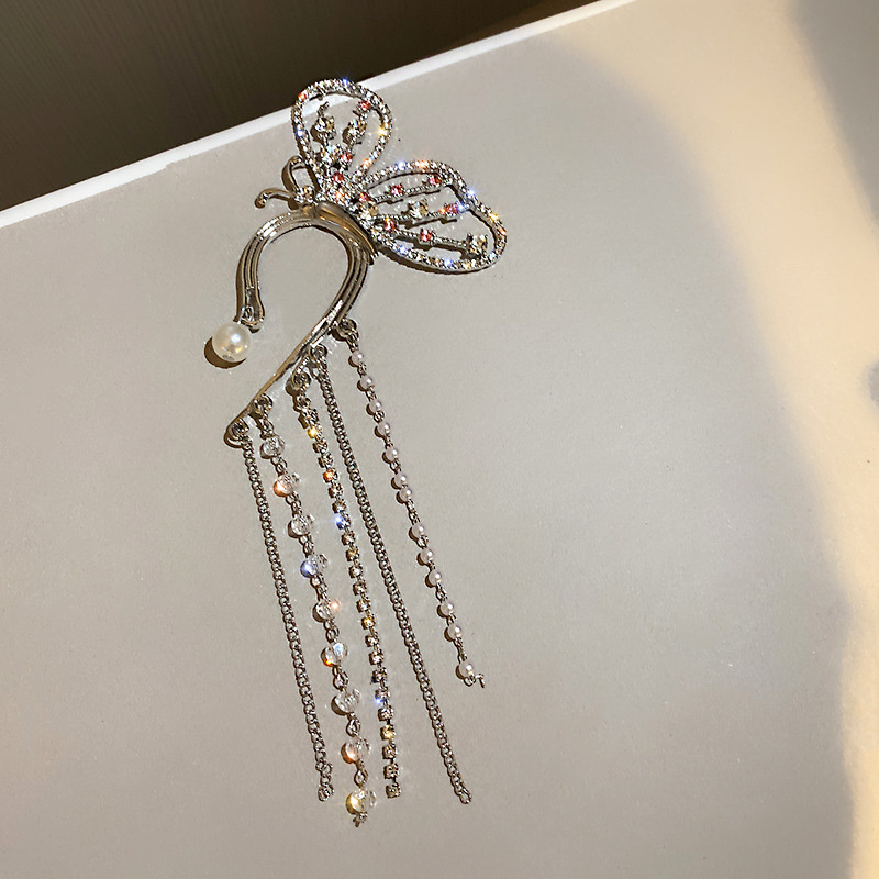 Long Tassel Rhinestone Earrings Butterfly Crystal  Ear Clip Earrings for Women Wedding Party Jewelry