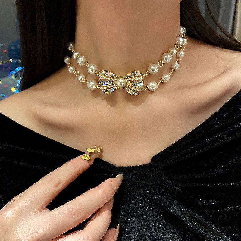 Golden Bowknot Rhinestone Choker Necklaces for Women Pearl Necklaces Weddings Bride Jewelry
