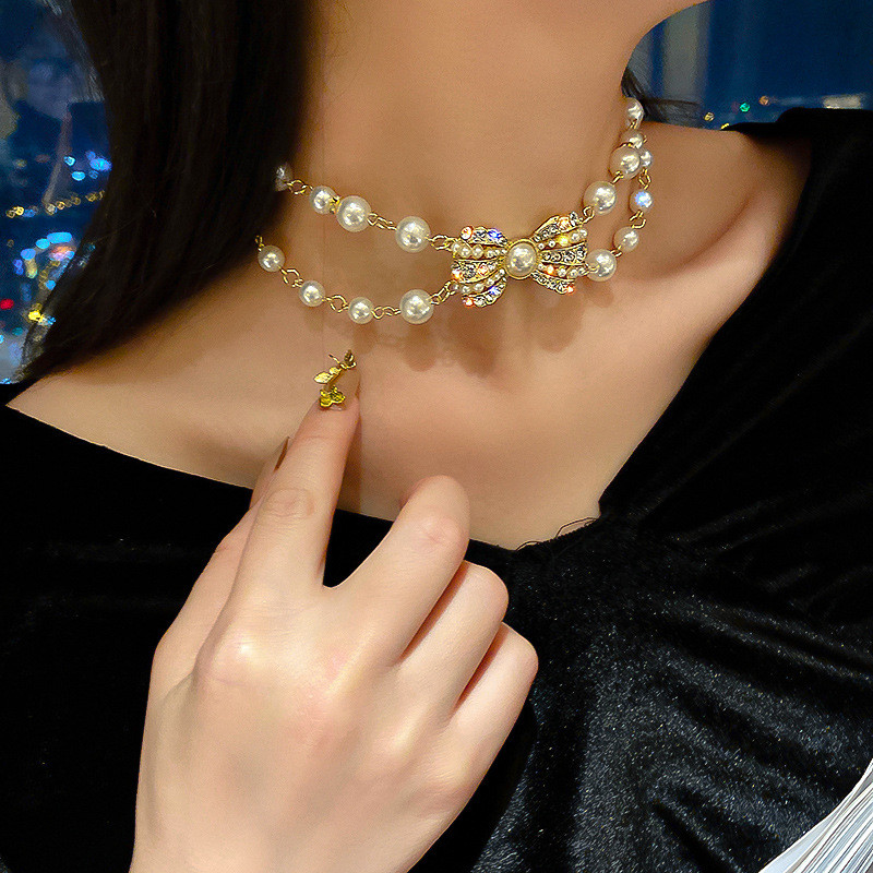 Golden Bowknot Rhinestone Choker Necklaces for Women Pearl Necklaces Weddings Bride Jewelry