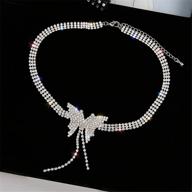 Butterfly Crystal Choker Necklaces for Women Long Tassel Rhinestone Necklaces Weddings Jewelry Party Gifts