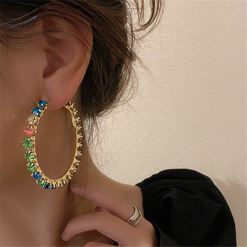 Big Round Colorful Crystal Hoop Earrings for Women Bijoux Geometric Earrings Party Statement Jewelry