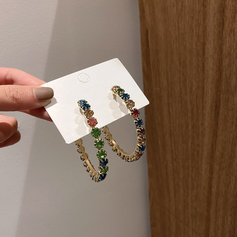 Big Round Colorful Crystal Hoop Earrings for Women Bijoux Geometric Earrings Party Statement Jewelry