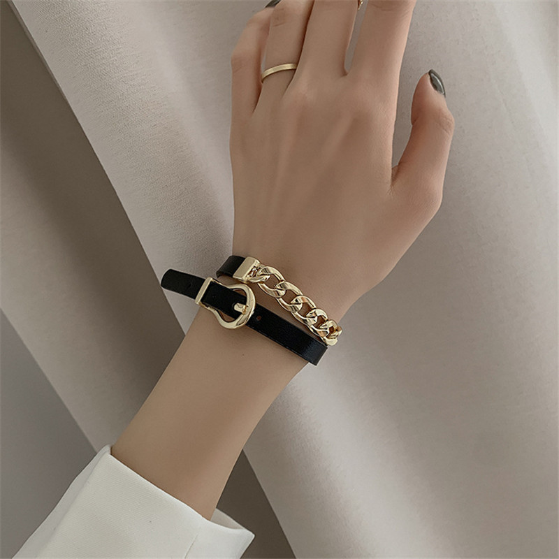 Golden Chain Choker Necklaces for Women Short Black Leather Button Necklaces Statement Jewelry