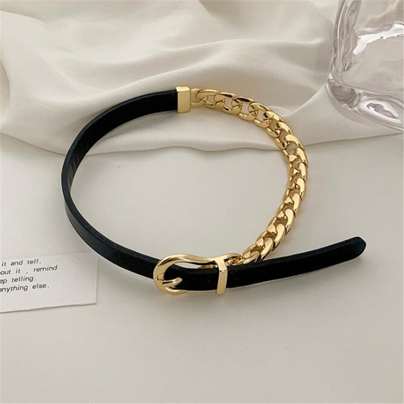 Golden Chain Choker Necklaces for Women Short Black Leather Button Necklaces Statement Jewelry