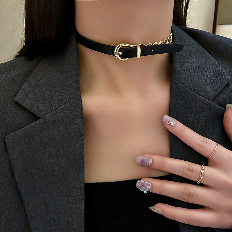 Golden Chain Choker Necklaces for Women Short Black Leather Button Necklaces Statement Jewelry