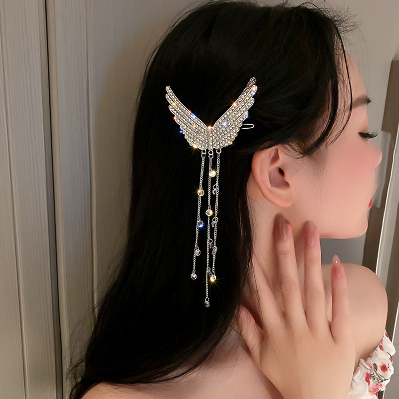Beautiful Wings Hairpins for Women Long Tassel Rhinestones Crystal Hair Accessories Weddings Jewelry