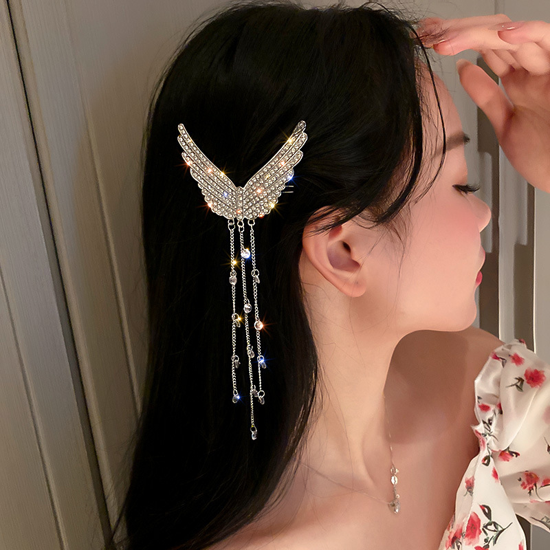 Beautiful Wings Hairpins for Women Long Tassel Rhinestones Crystal Hair Accessories Weddings Jewelry