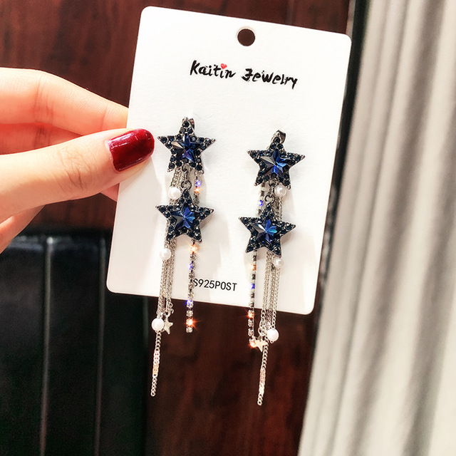 Shiny Star Drop Earrings for Women New Bijoux Long Tassel Blue Crystal Dangle Earrings Jewelry Accessories