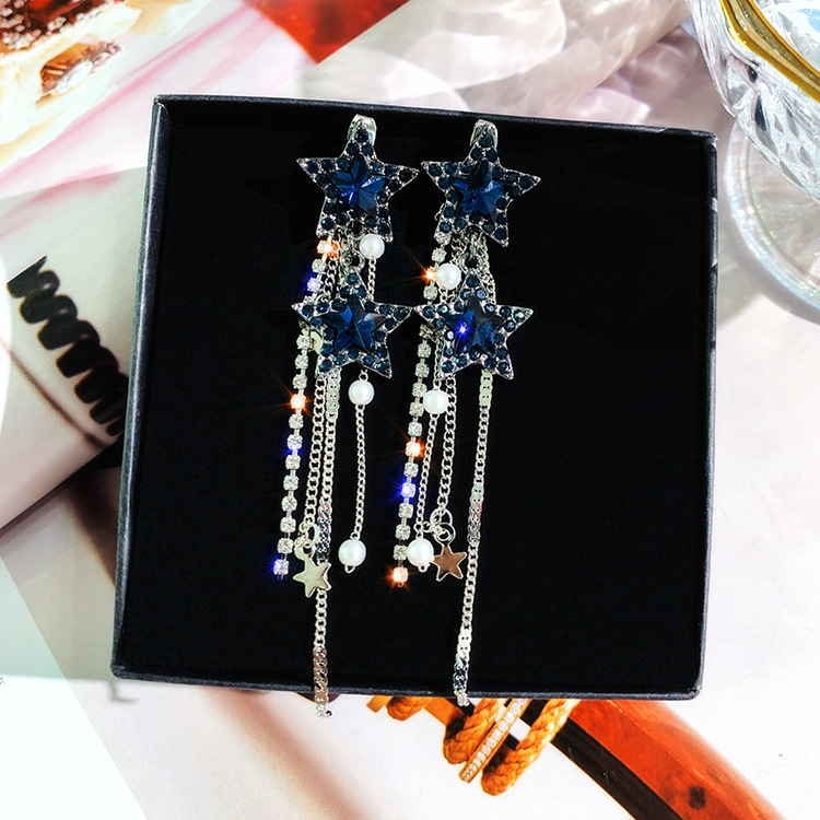 Shiny Star Drop Earrings for Women New Bijoux Long Tassel Blue Crystal Dangle Earrings Jewelry Accessories