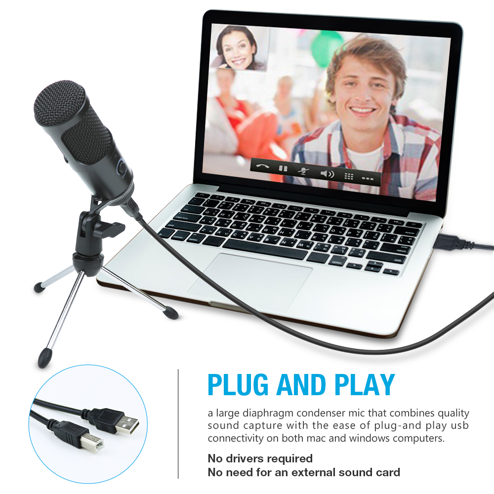 Professional Condenser Microphone PC Studio USB Microphone for Computer Gaming Streaming Video Mic Podcasting Recording Microfon