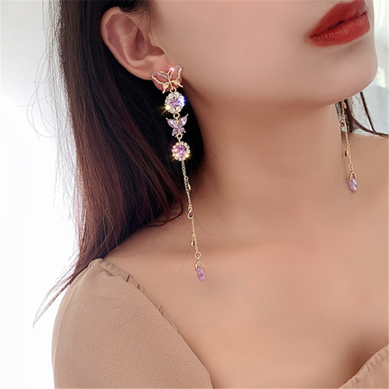 Beautiful Butterfly Drop Earrings for Women Long Tassel Purple Crystal Earrings Weddings Engagement Jewelry Gift
