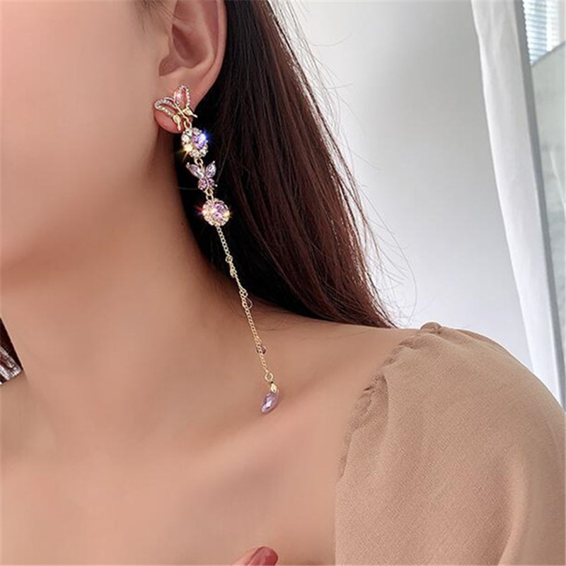 Beautiful Butterfly Drop Earrings for Women Long Tassel Purple Crystal Earrings Weddings Engagement Jewelry Gift