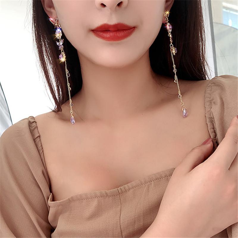 Beautiful Butterfly Drop Earrings for Women Long Tassel Purple Crystal Earrings Weddings Engagement Jewelry Gift