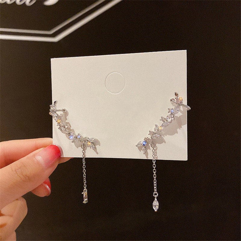 Leaf Zircon Drop Earrings for Women Bijoux Long Tassel Geometric Crystal Statement Earrings Jewelry