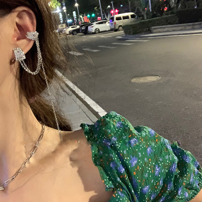 Long Tassel Crystal Earrings for Women Geometric Rhinestone Ear Clip Earrings Fashion Jewelry Party Gifts