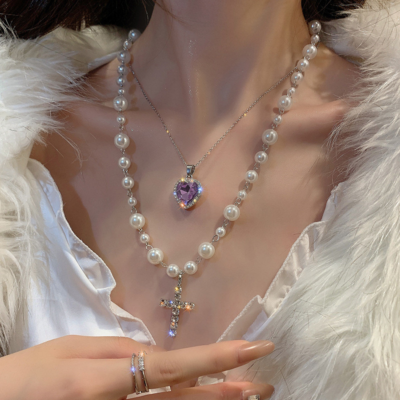 Long Pearl Cross Pendant Necklaces for Women Double Layer Purple Heart Crystal Necklaces Statement Jewelry