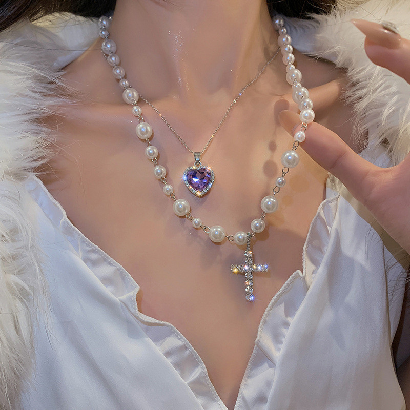 Long Pearl Cross Pendant Necklaces for Women Double Layer Purple Heart Crystal Necklaces Statement Jewelry