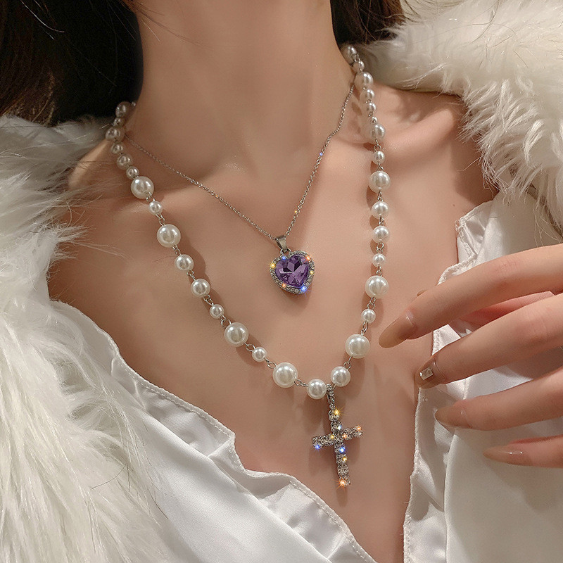 Long Pearl Cross Pendant Necklaces for Women Double Layer Purple Heart Crystal Necklaces Statement Jewelry