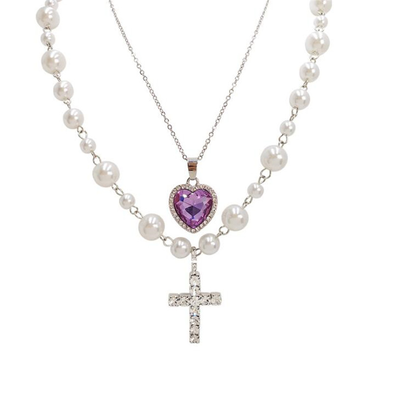 Long Pearl Cross Pendant Necklaces for Women Double Layer Purple Heart Crystal Necklaces Statement Jewelry