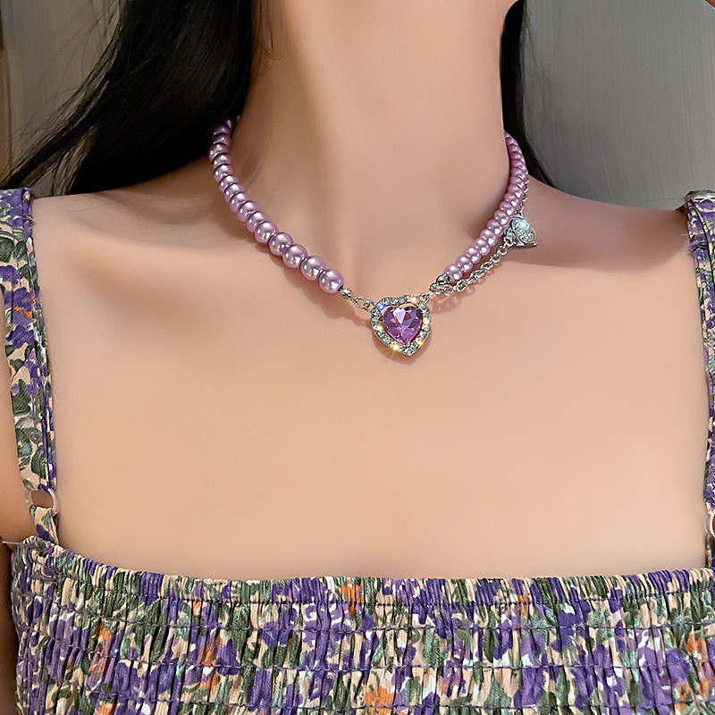 Heart Crystal Choker Necklaces for Women Purple Pearl Necklaces Party Jewelry Gifts