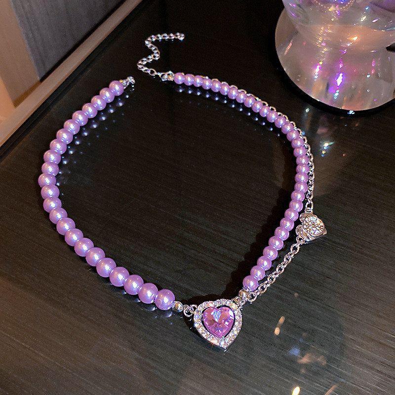 Heart Crystal Choker Necklaces for Women Purple Pearl Necklaces Party Jewelry Gifts