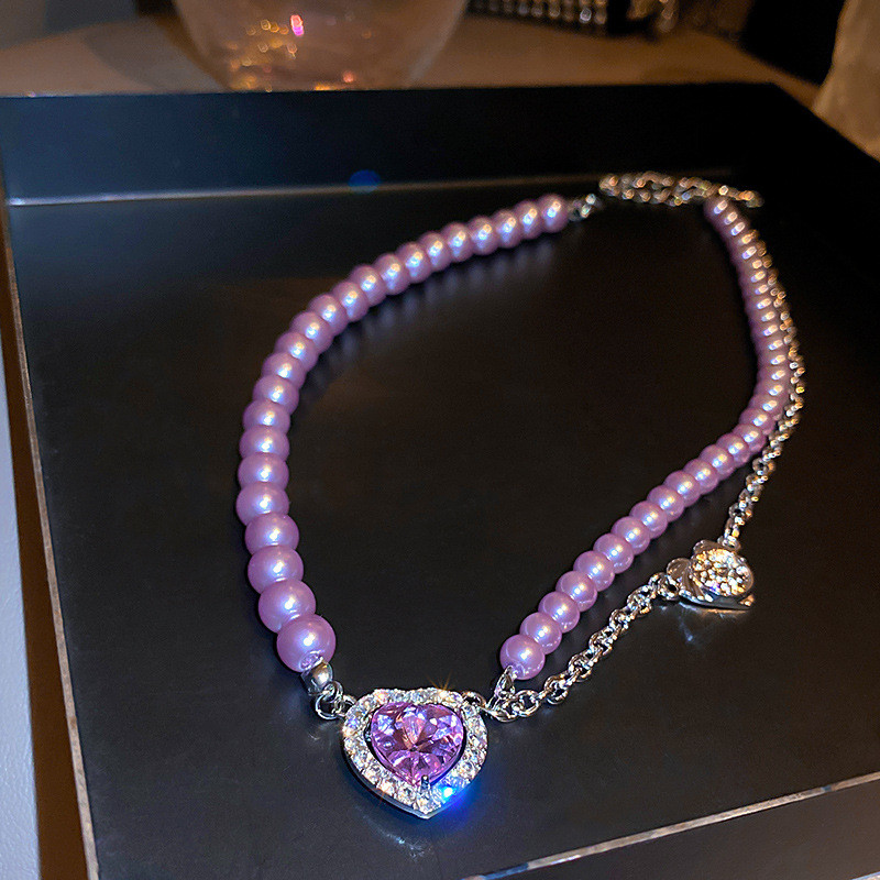 Heart Crystal Choker Necklaces for Women Purple Pearl Necklaces Party Jewelry Gifts
