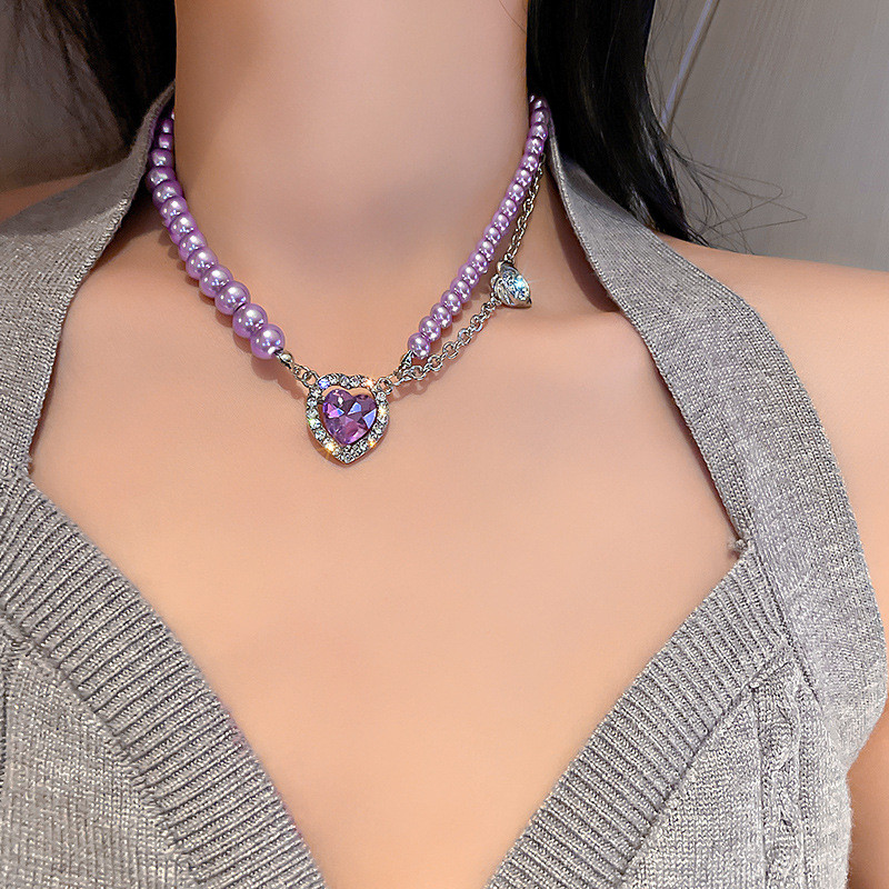 Heart Crystal Choker Necklaces for Women Purple Pearl Necklaces Party Jewelry Gifts