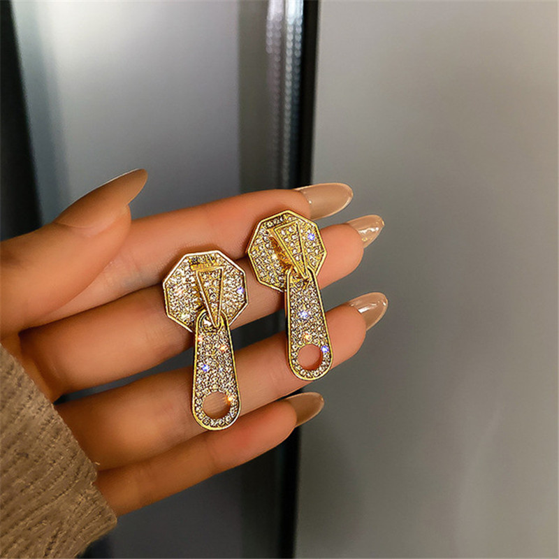 Golden Chain Button Geometric Drop Earrings for Women Rhinestone Earrings Statement Jewelry Accessories