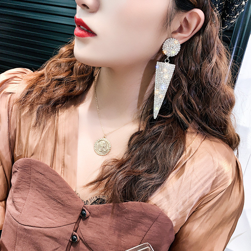 Shine Triangle Full Rhinestone Drop Earrings for Women Round Geometric Crystal Dangle Earrings Jewelry Gifts