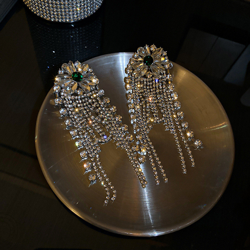 Long Tassel Rhinestone Drop Earrings Oversize Flower Crystal Dangle Earrings for Women Fashion Jewelry Accessories