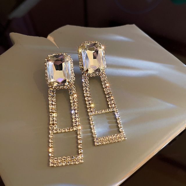 Geometric Square Crystal Drop Earrings for Women Bijoux Rhinestone Dangle Earrings Statement Jewelry
