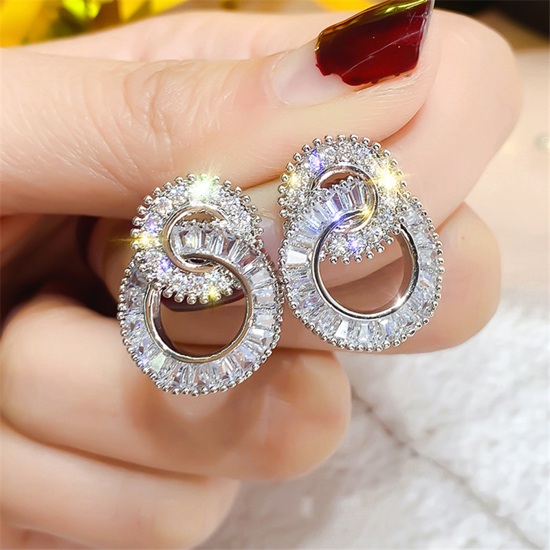 Shiny Zircon Stud Earrings for Women 2019 Bijoux Silver Color Small Circle Crystal Earrings Statement Jewelry Party Gifts